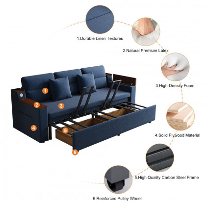 HMR 83" King 3-Seater Sleeper Sofa with Trundle & USB Port - Blue, Linen
