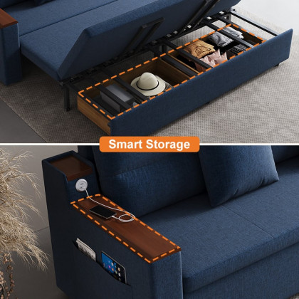 HMR 83" King 3-Seater Sleeper Sofa with Trundle & USB Port - Blue, Linen