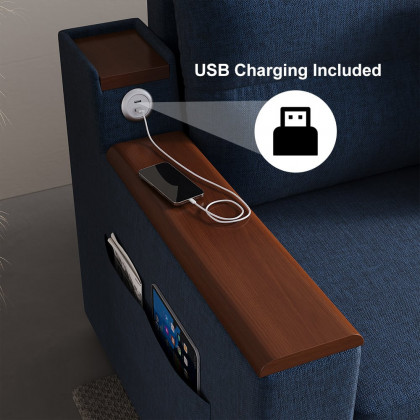 HMR 83" King 3-Seater Sleeper Sofa with Trundle & USB Port - Blue, Linen