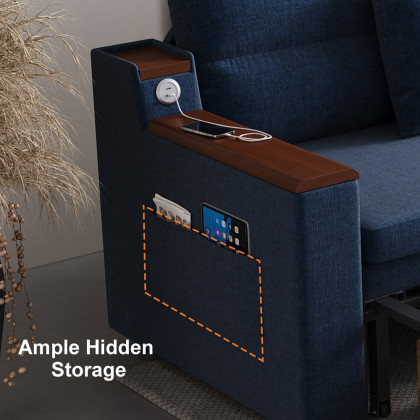 HMR 83" King 3-Seater Sleeper Sofa with Trundle & USB Port - Blue, Linen