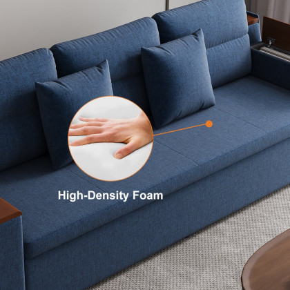 HMR 83" King 3-Seater Sleeper Sofa with Trundle & USB Port - Blue, Linen