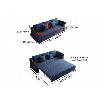 HMR 83" King 3-Seater Sleeper Sofa with Trundle & USB Port - Blue, Linen