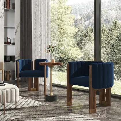 HMR Velvet Fluted Upholstered Accent Chair with Wood Frame (Set of 4) - Blue