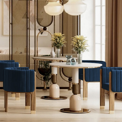 HMR Velvet Fluted Upholstered Accent Chair with Wood Frame (Set of 4) - Blue