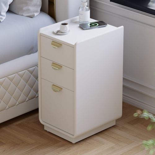 HMR 12" White Leather Narrow Nightstand with Wireless Charger - White, Set Of 2