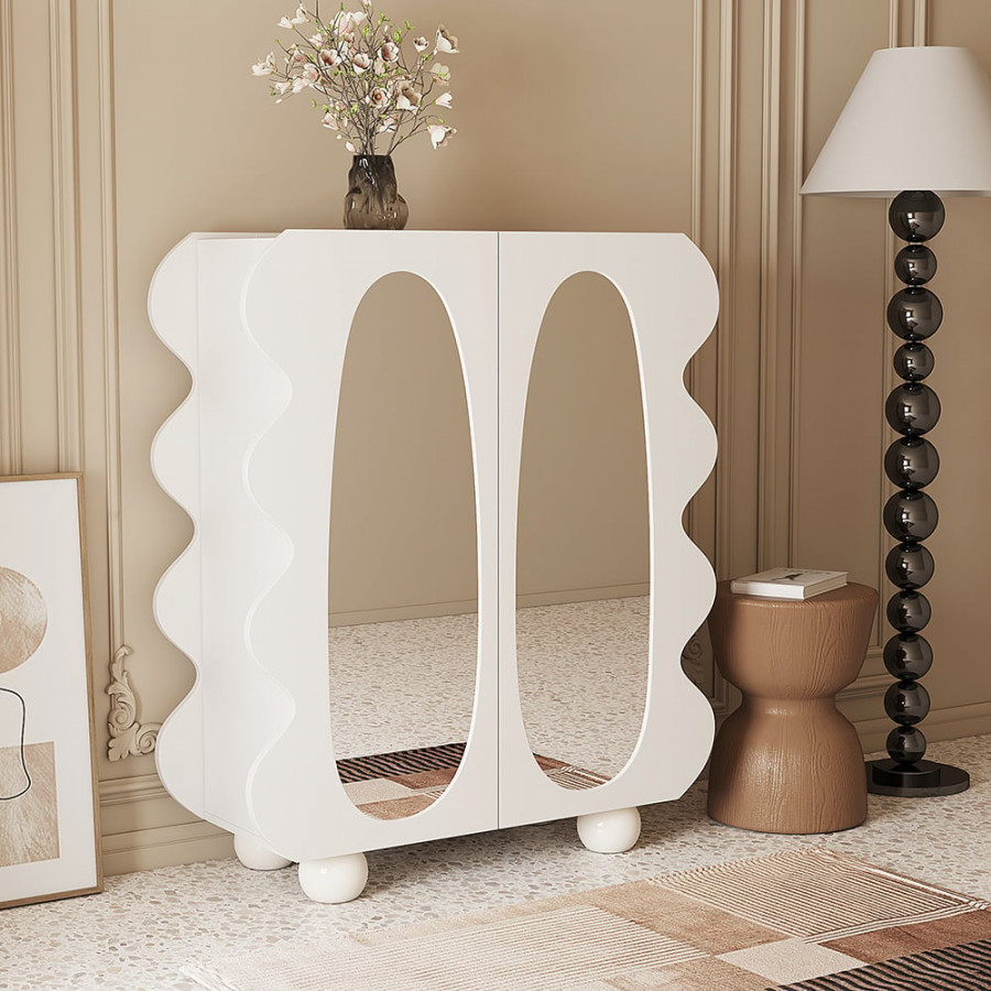 HMR - 37.8" Modern White 15-Pairs Shoe Storage Wave Design Mirror Shoe Cabinet Ample Storage