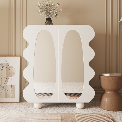 HMR - 37.8" Modern White 15-Pairs Shoe Storage Wave Design Mirror Shoe Cabinet Ample Storage