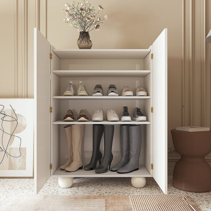 HMR - 37.8" Modern White 15-Pairs Shoe Storage Wave Design Mirror Shoe Cabinet Ample Storage