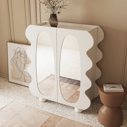 HMR - 37.8" Modern White 15-Pairs Shoe Storage Wave Design Mirror Shoe Cabinet Ample Storage