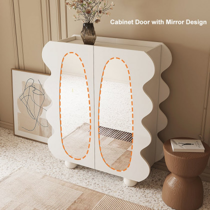 HMR - 37.8" Modern White 15-Pairs Shoe Storage Wave Design Mirror Shoe Cabinet Ample Storage
