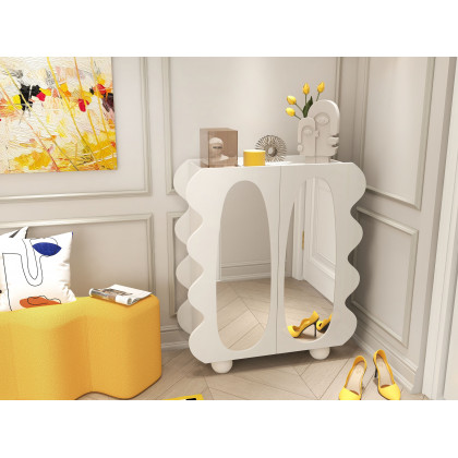 HMR - 37.8" Modern White 15-Pairs Shoe Storage Wave Design Mirror Shoe Cabinet Ample Storage