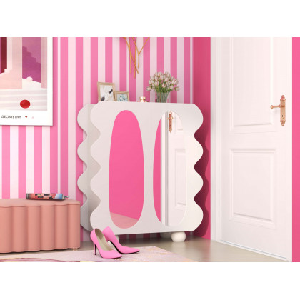 HMR - 37.8" Modern White 15-Pairs Shoe Storage Wave Design Mirror Shoe Cabinet Ample Storage