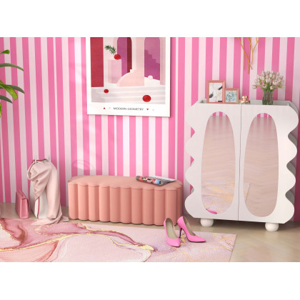 HMR - 37.8" Modern White 15-Pairs Shoe Storage Wave Design Mirror Shoe Cabinet Ample Storage
