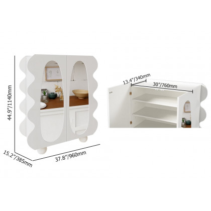 HMR - 37.8" Modern White 15-Pairs Shoe Storage Wave Design Mirror Shoe Cabinet Ample Storage