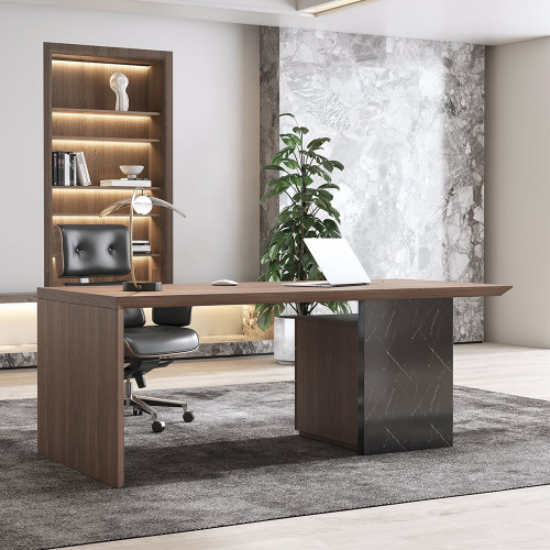 HMR Modern Wooden Desk Home Office Desk & Home Office Chair Set Adjustable Height - Black & Walnut, 70.9"L x 31.5"W x 29.5"