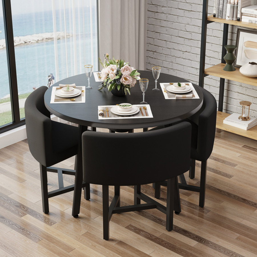 HMR Dining Set 39.4" Modern Round Wood Dining Table with 4 Chairs - Black