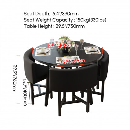 HMR Dining Set 39.4" Modern Round Wood Dining Table with 4 Chairs - Black
