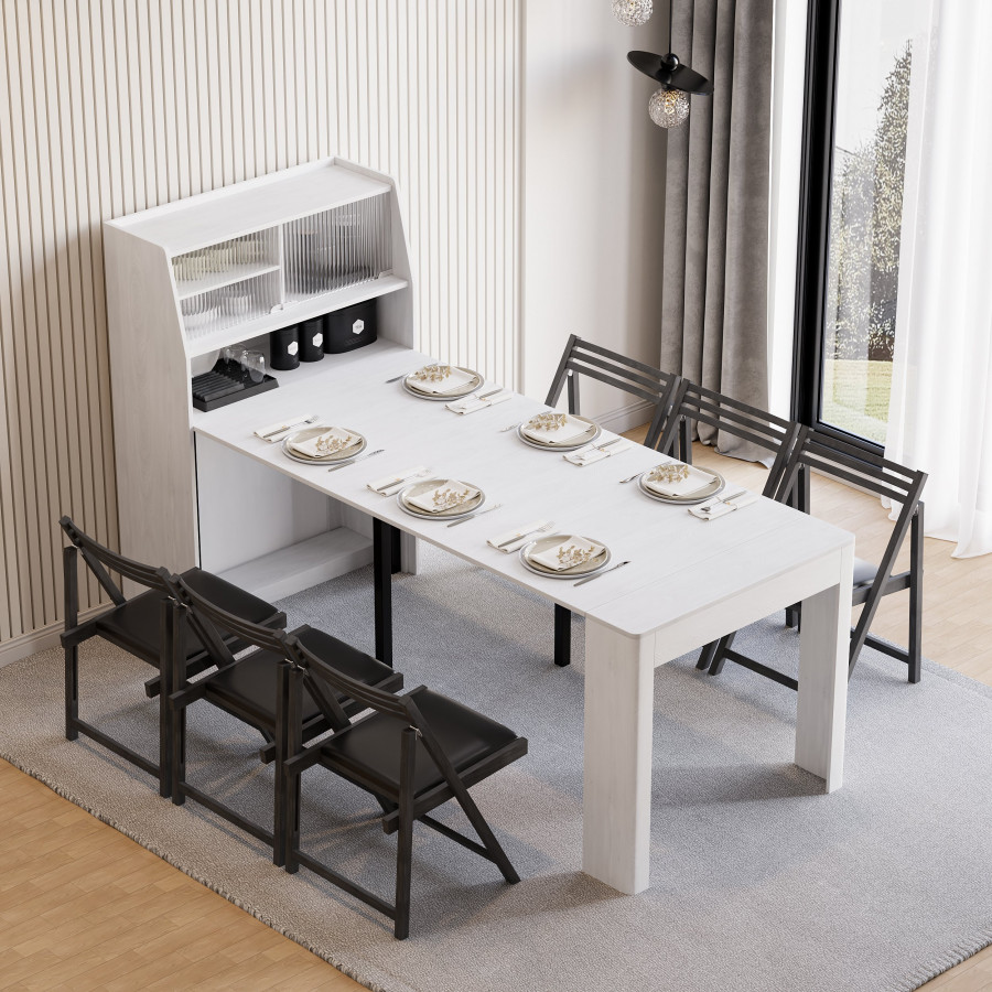 HMR 70.9" Farmhouse Extendable Dining Table with Storage Sideboard Seats 4-6 People - White