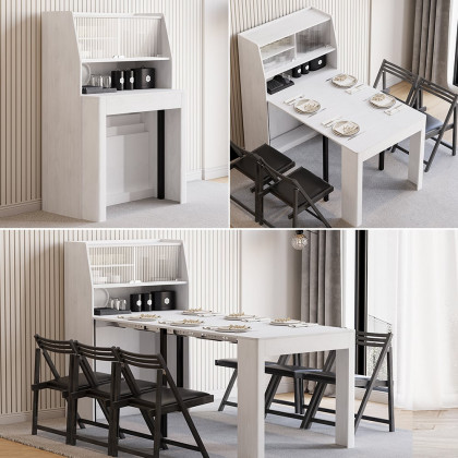 HMR 70.9" Farmhouse Extendable Dining Table with Storage Sideboard Seats 4-6 People - White