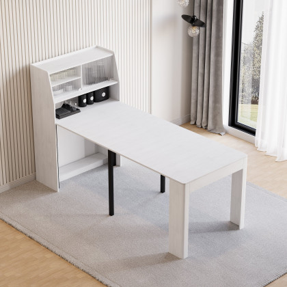 HMR 70.9" Farmhouse Extendable Dining Table with Storage Sideboard Seats 4-6 People - White