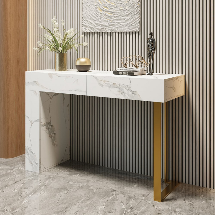 HMR - 47.2" White Console Table Modern Rectangle Accent Table For Entryway with 2 Drawers