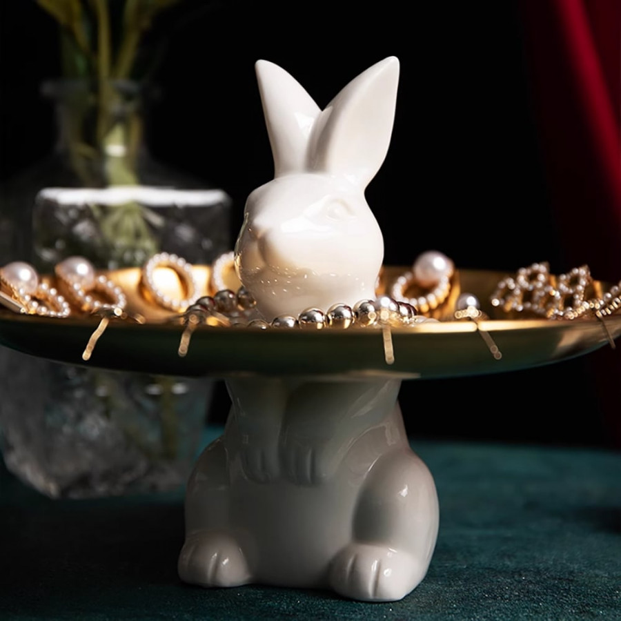 HMR - White & Gold Ceramic Rabbit Decorative Storage Tray Holder Desk Animal Statue Ornament
