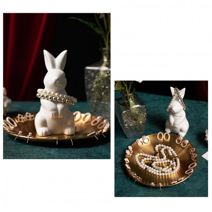 HMR - White & Gold Ceramic Rabbit Decorative Storage Tray Holder Desk Animal Statue Ornament