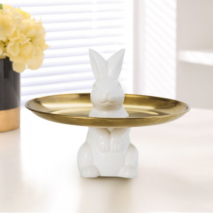 HMR - White & Gold Ceramic Rabbit Decorative Storage Tray Holder Desk Animal Statue Ornament