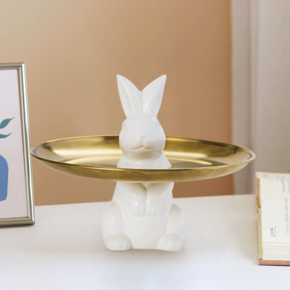 HMR - White & Gold Ceramic Rabbit Decorative Storage Tray Holder Desk Animal Statue Ornament