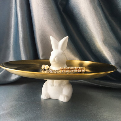 HMR - White & Gold Ceramic Rabbit Decorative Storage Tray Holder Desk Animal Statue Ornament