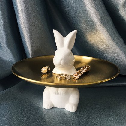 HMR - White & Gold Ceramic Rabbit Decorative Storage Tray Holder Desk Animal Statue Ornament