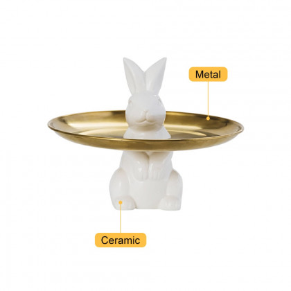 HMR - White & Gold Ceramic Rabbit Decorative Storage Tray Holder Desk Animal Statue Ornament