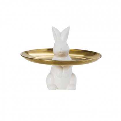 HMR - White & Gold Ceramic Rabbit Decorative Storage Tray Holder Desk Animal Statue Ornament