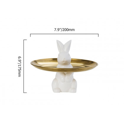 HMR - White & Gold Ceramic Rabbit Decorative Storage Tray Holder Desk Animal Statue Ornament