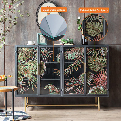 HMR 70.9'' Modern Painted Sideboard Buffet with Glass Doors and Shelves - Black, 70.9"W x 15"D x 37.4"H