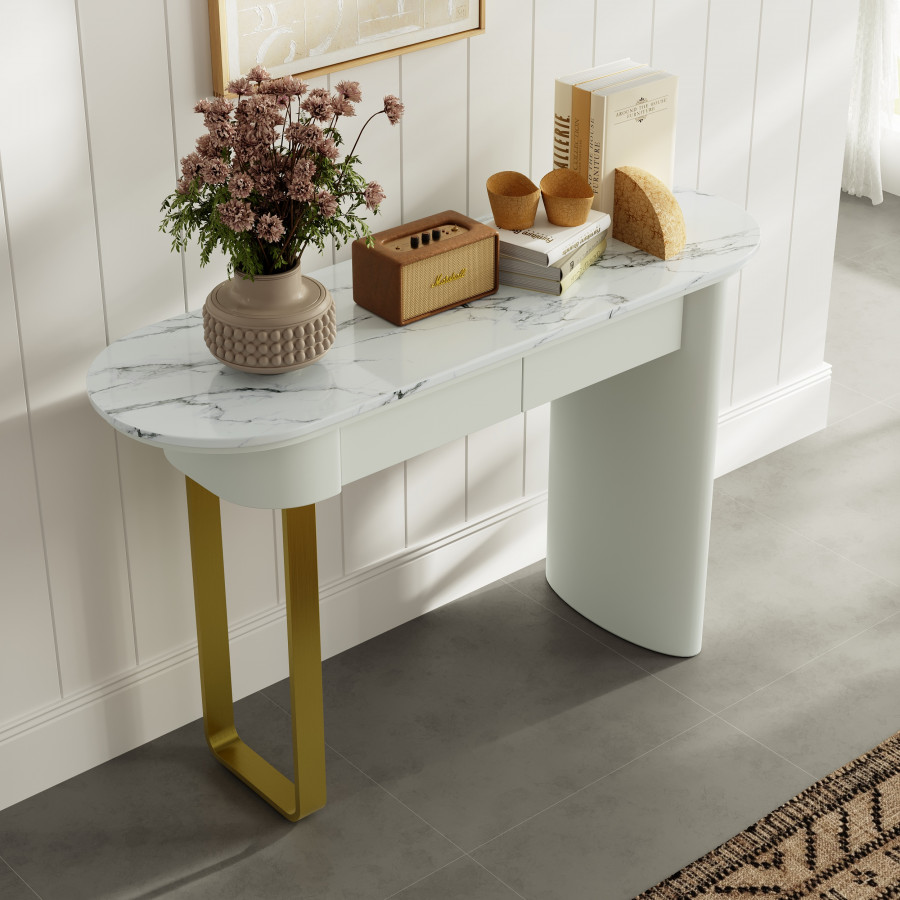 HMR - 45" White Marble Console Table with 2-Drawer