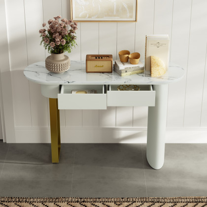 HMR - 45" White Marble Console Table with 2-Drawer