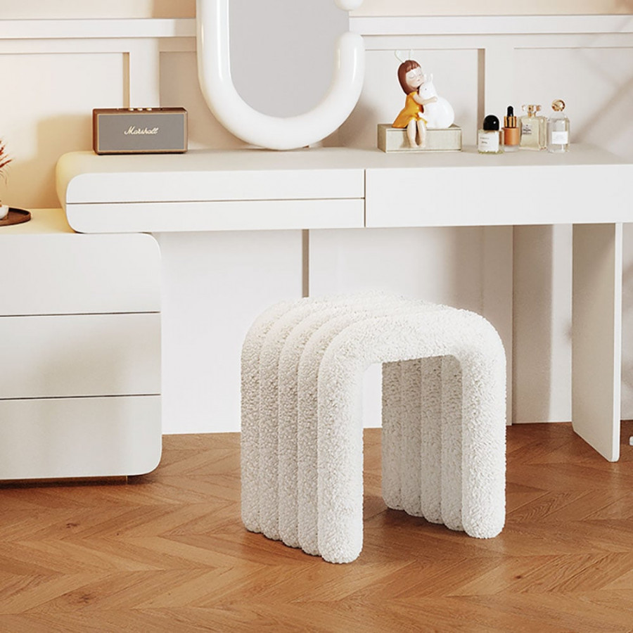 HMR - Modern White Teddy Velvet Vanity Stool Backless Makeup Accent Chair