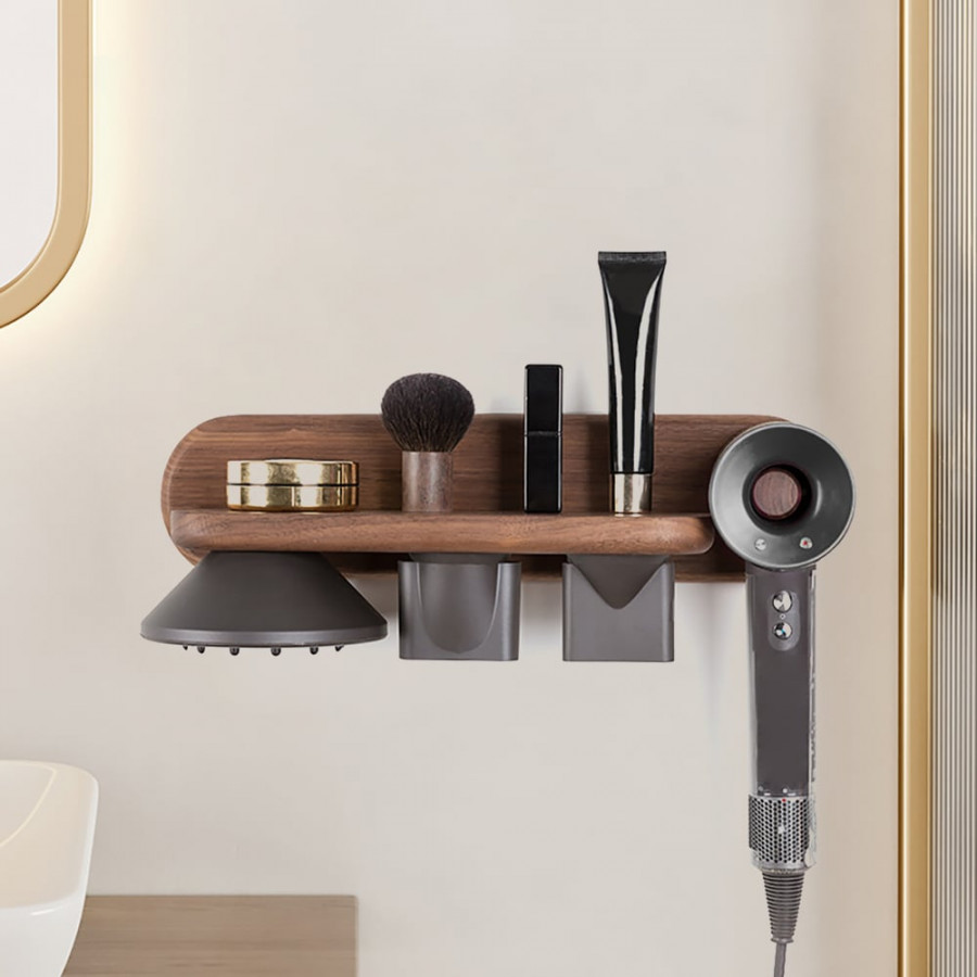 HMR - Wood Hair Dryer Holder Rack in Walnut with Accessories Storage & Shelf