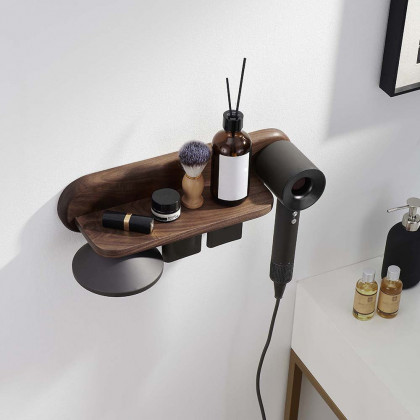 HMR - Wood Hair Dryer Holder Rack in Walnut with Accessories Storage & Shelf