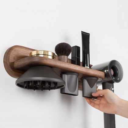 HMR - Wood Hair Dryer Holder Rack in Walnut with Accessories Storage & Shelf