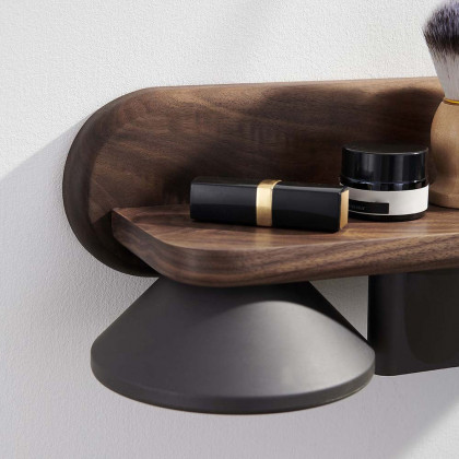 HMR - Wood Hair Dryer Holder Rack in Walnut with Accessories Storage & Shelf