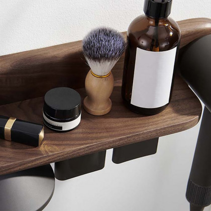 HMR - Wood Hair Dryer Holder Rack in Walnut with Accessories Storage & Shelf