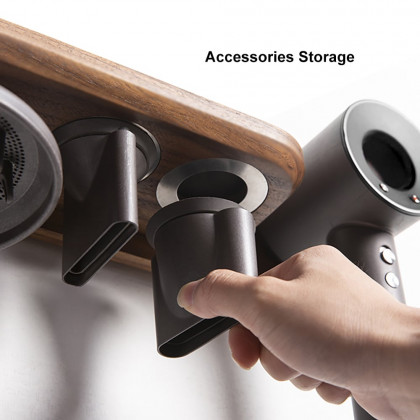 HMR - Wood Hair Dryer Holder Rack in Walnut with Accessories Storage & Shelf