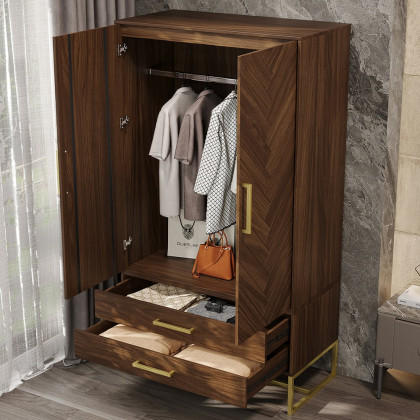 HMR - Mid Century Modern Amoire Closet Dresser Walnut Wardrobe Clothes Cabinet with Drawer