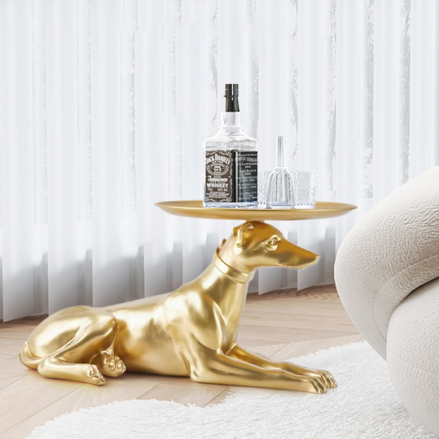 HMR - Modern Dog Side Table Floor Resin Figurine with Tray Top in Gold