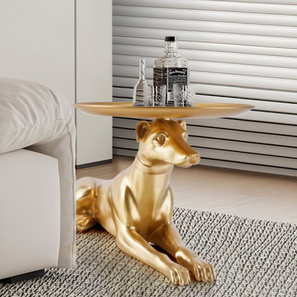 HMR - Modern Dog Side Table Floor Resin Figurine with Tray Top in Gold