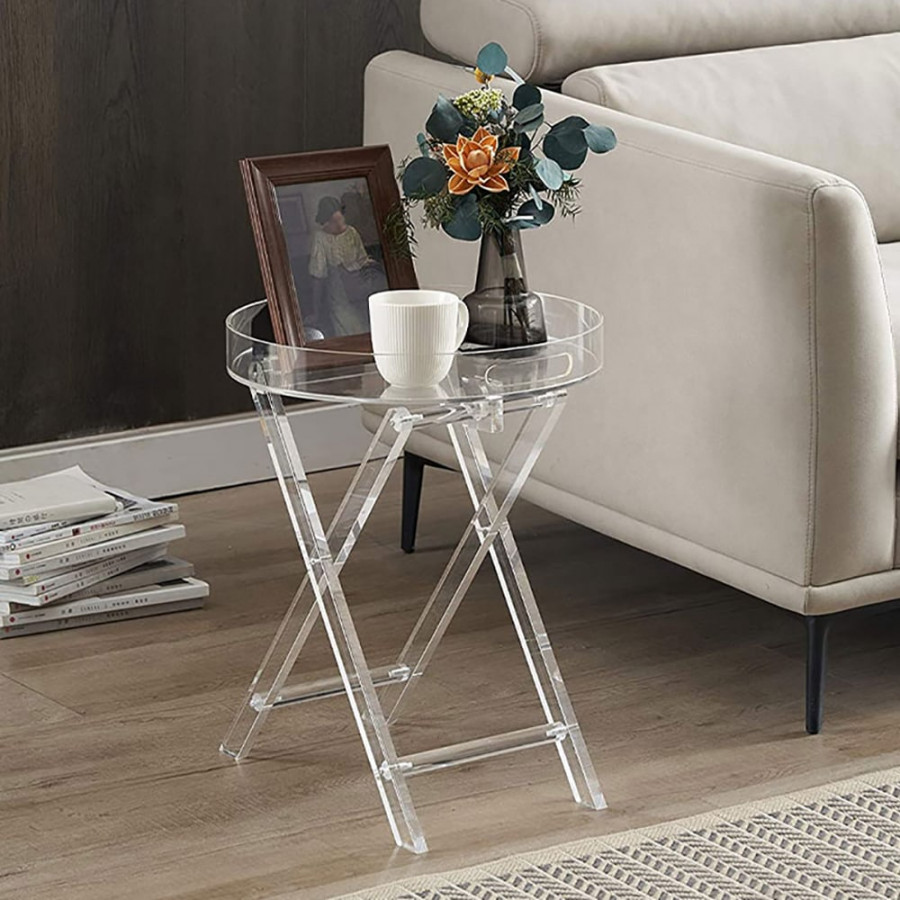 HMR - Modern Acrylic Folding Side Table Round End Table with Tray