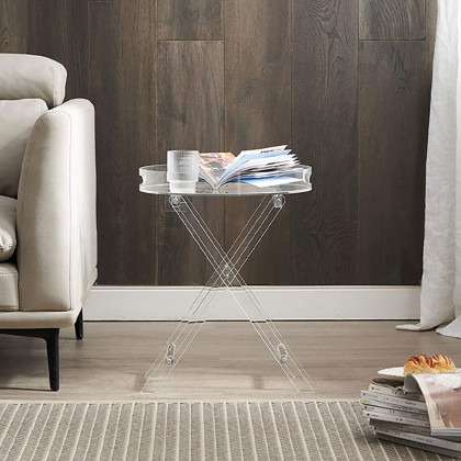 HMR - Modern Acrylic Folding Side Table Round End Table with Tray