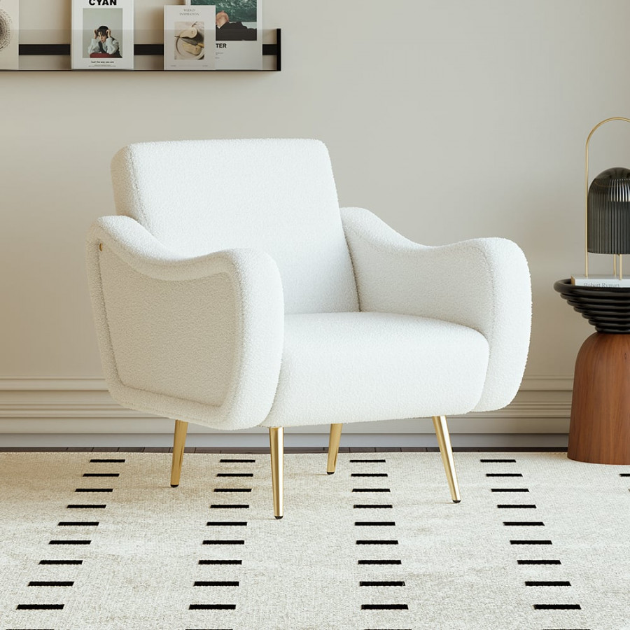 HMR - Modern White Boucle Accent Chair Armchair with Metal Leg in Gold